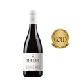 A bottle of MHUDI Boutique Family Winery red wine with a white label and gold award seal on the right, set against a plain white background.